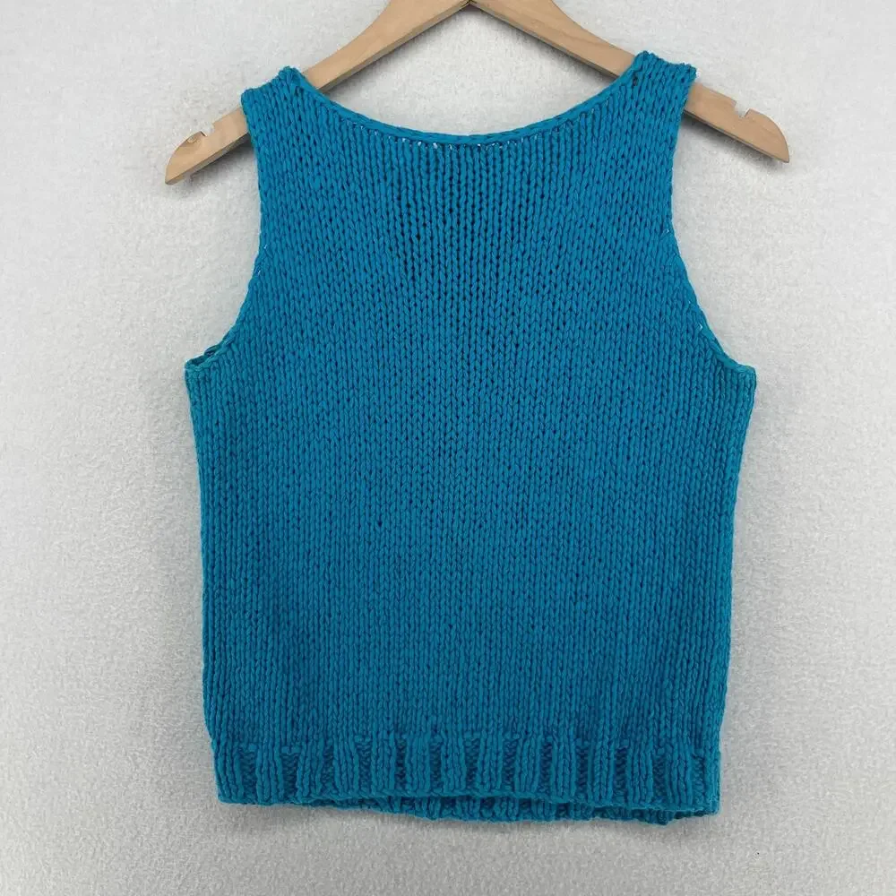EILEEN FISHER Sweater L Cotton Vest Tank Chunky Rolled Neck Pullover Blue